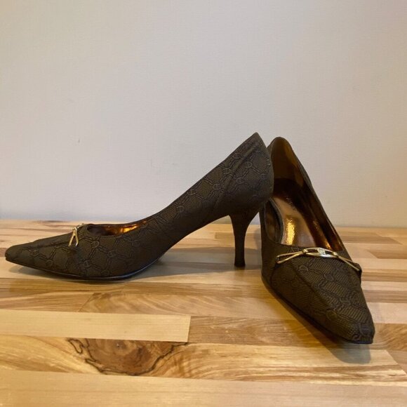 Etienne Aigner Brown Designer Patterned Kitten Heels tan brown gold bow Size 5.5 - Picture 6 of 16